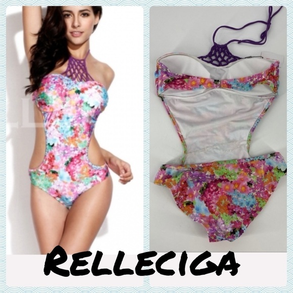 RELLECIGA Floral Print Lattice Neck Monokini pink - Picture 1 of 11